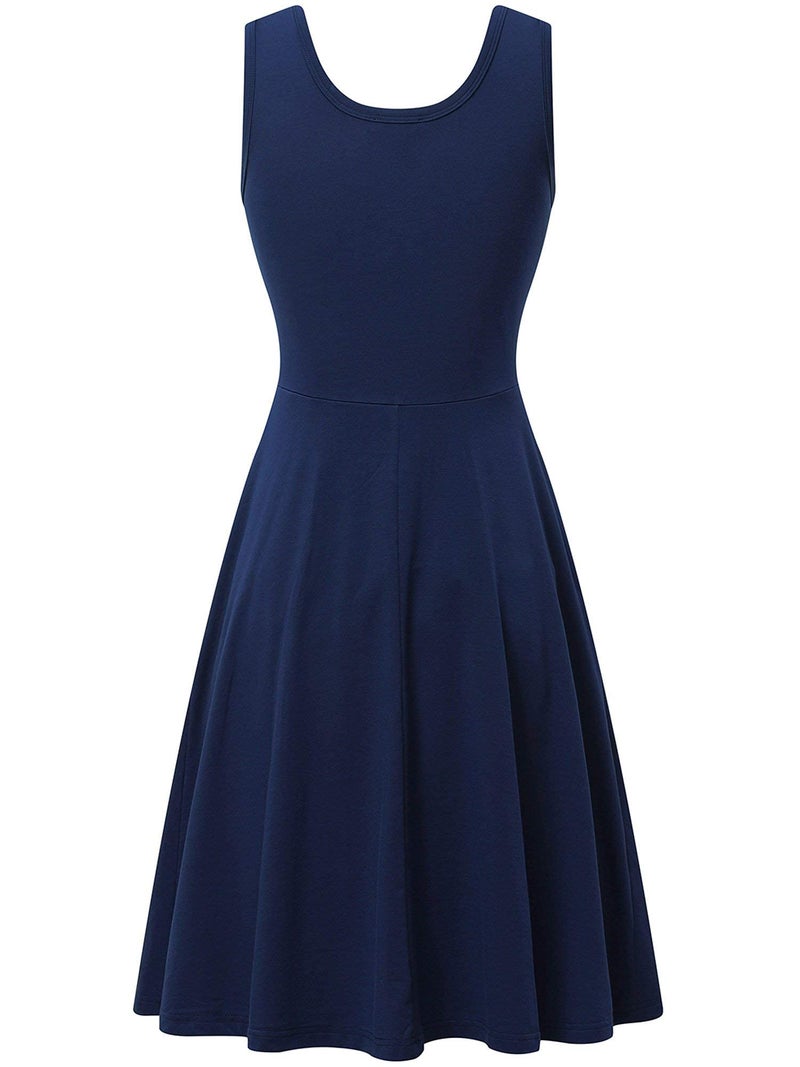 HUHOT Navy Blue Graduation Nautical Dresses for Womens Sleeveless V Neck Dress with Pocket Knee Length Flared Tank Dress - Image 2